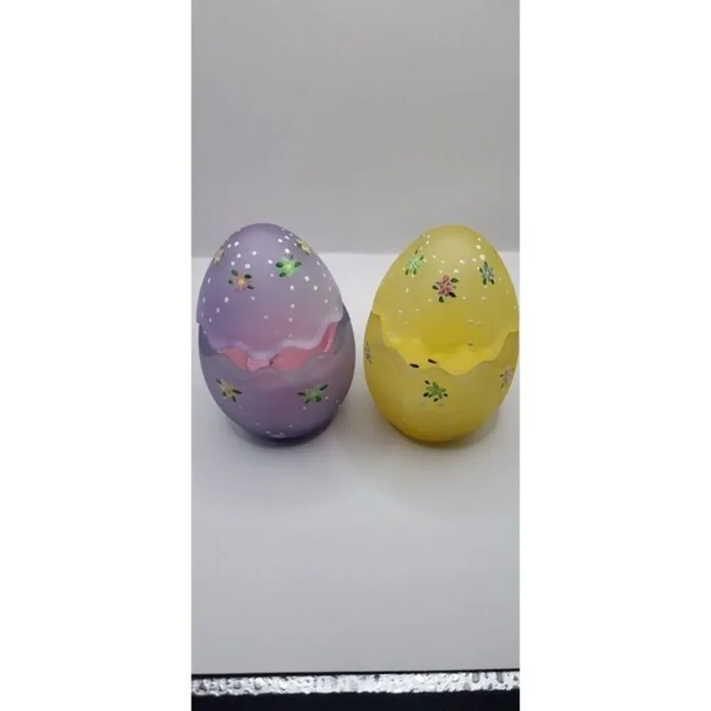 VTG‎ Glass Easter Egg Candle Holder Votive HAND PAINTED Yellow And Purple.